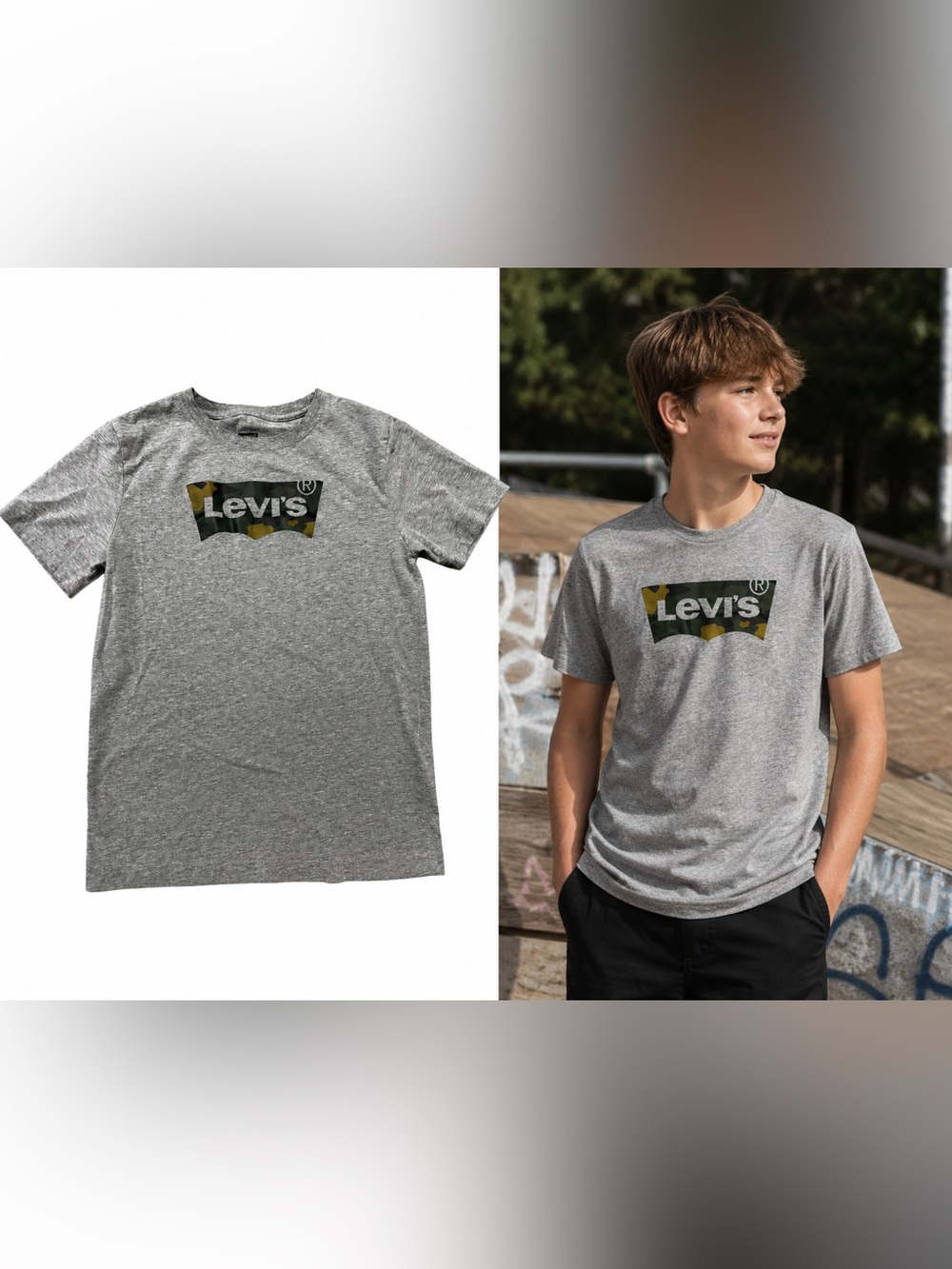 Levi's Boy’s Gray Heather Tee with Green Camo Logo, size large